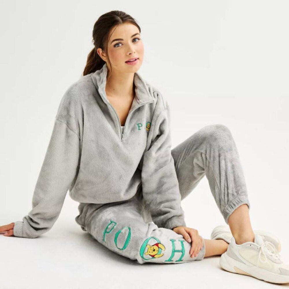 Disney Pooh Bear Sweatshirt & Pants Size L XL Embroidered 2 Piece Minky Fleece